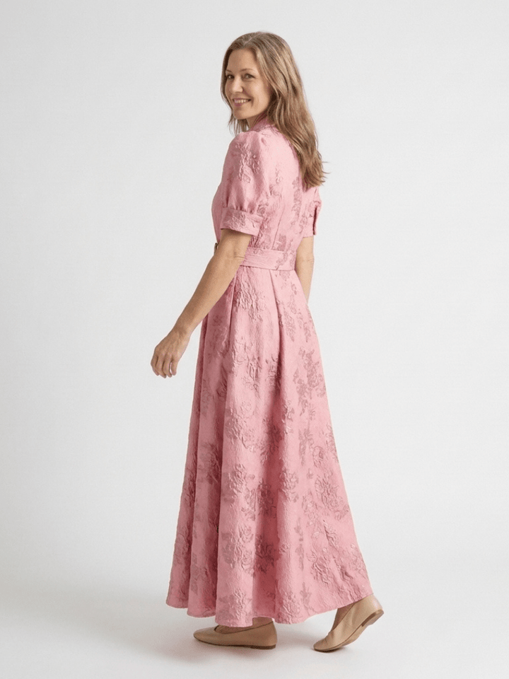 Xanthea | Short Sleeve Belted Floral Textured Maxi Shirt Dress - Harry & Olivia Birmingham