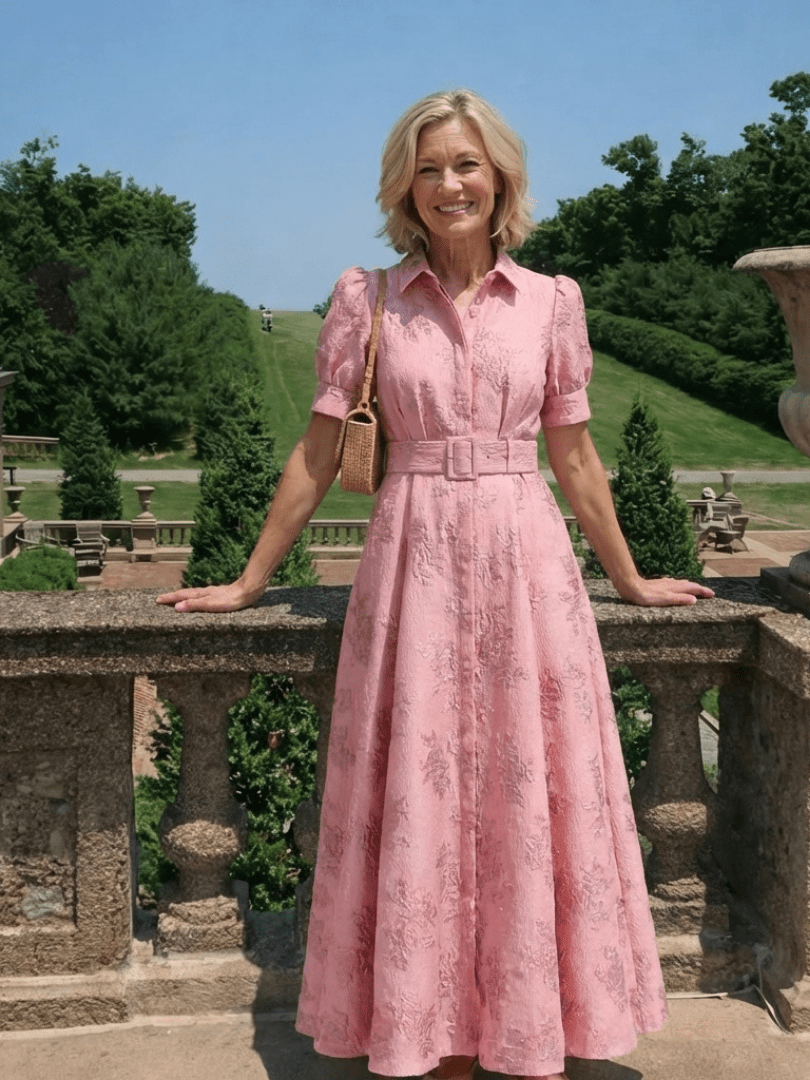 Xanthea | Short Sleeve Belted Floral Textured Maxi Shirt Dress - Harry & Olivia Birmingham