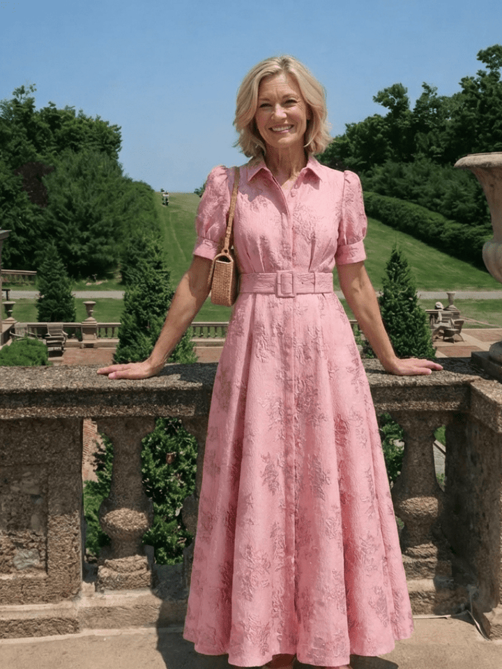 Xanthea | Short Sleeve Belted Floral Textured Maxi Shirt Dress - Harry & Olivia Birmingham