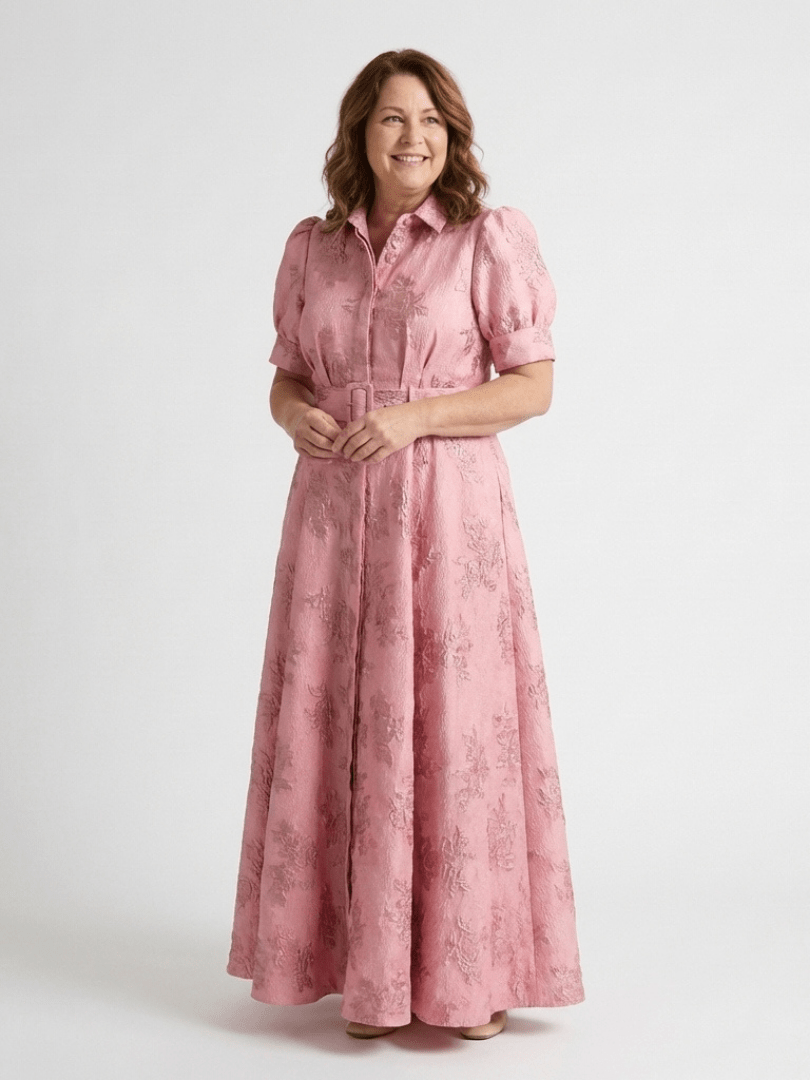 Xanthea | Short Sleeve Belted Floral Textured Maxi Shirt Dress - Harry & Olivia Birmingham