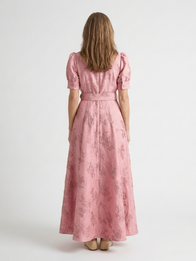 Xanthea | Short Sleeve Belted Floral Textured Maxi Shirt Dress - Harry & Olivia Birmingham
