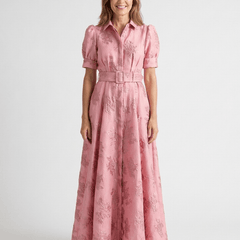 Xanthea | Short Sleeve Belted Floral Textured Maxi Shirt Dress - Harry & Olivia Birmingham