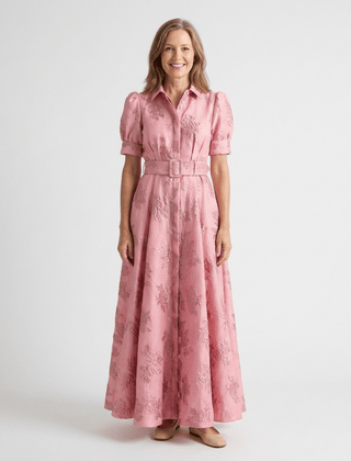 Xanthea | Short Sleeve Belted Floral Textured Maxi Shirt Dress - Harry & Olivia Birmingham