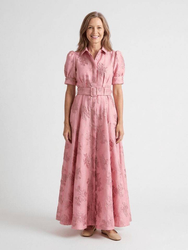 Xanthea | Short Sleeve Belted Floral Textured Maxi Shirt Dress - Harry & Olivia Birmingham