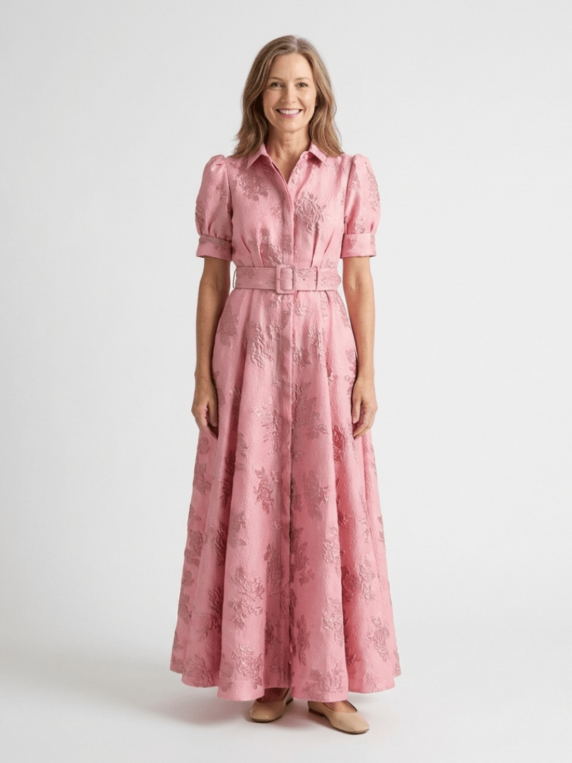 Xanthea | Short Sleeve Belted Floral Textured Maxi Shirt Dress - Harry & Olivia Birmingham