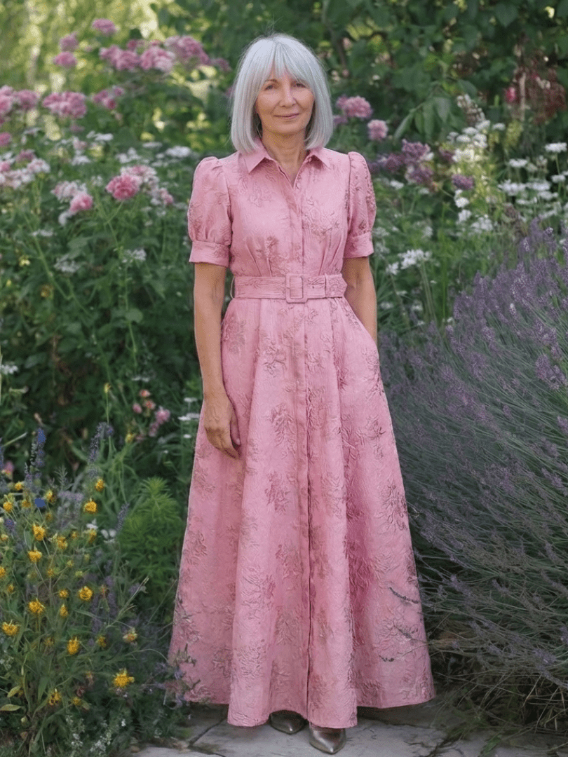 Xanthea | Short Sleeve Belted Floral Textured Maxi Shirt Dress - Harry & Olivia Birmingham