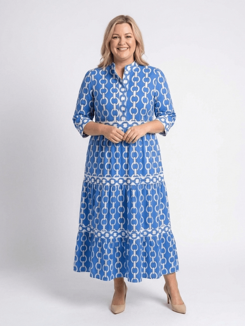 Ysolde | Three Quarter Sleeve Chain Pattern Midi Dress - Harry & Olivia Birmingham