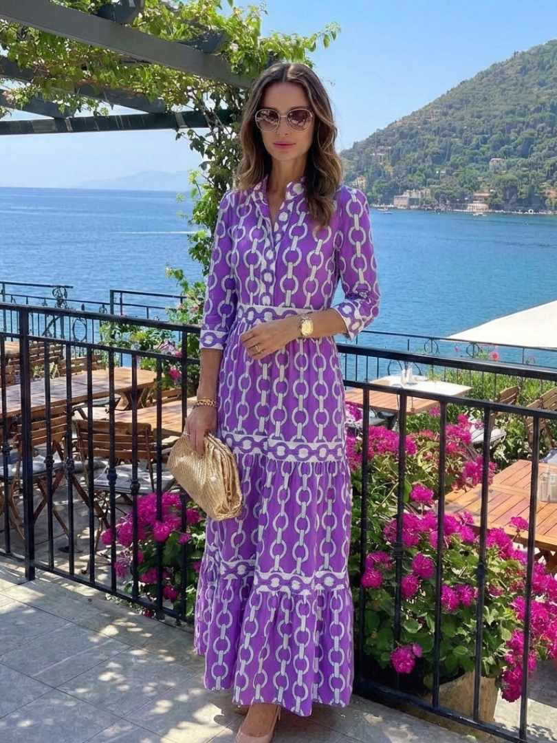 Ysolde | Three Quarter Sleeve Chain Pattern Midi Dress - Harry & Olivia Birmingham