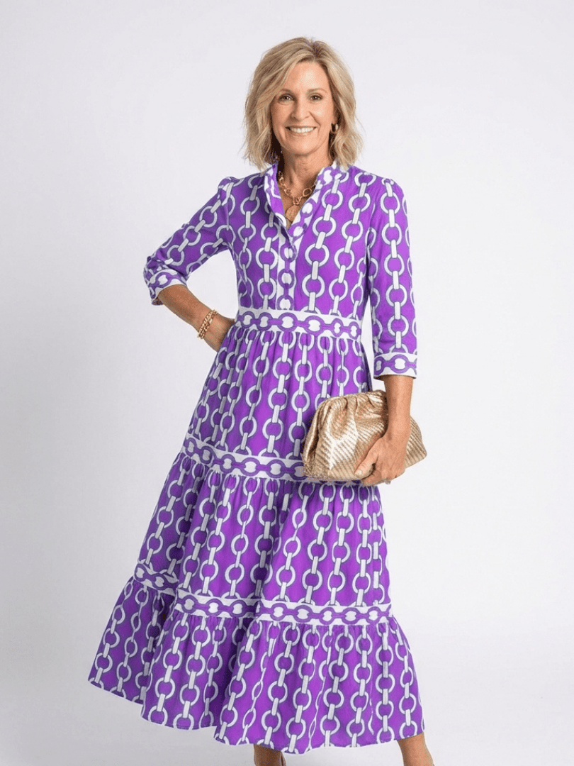 Ysolde | Three Quarter Sleeve Chain Pattern Midi Dress - Harry & Olivia Birmingham