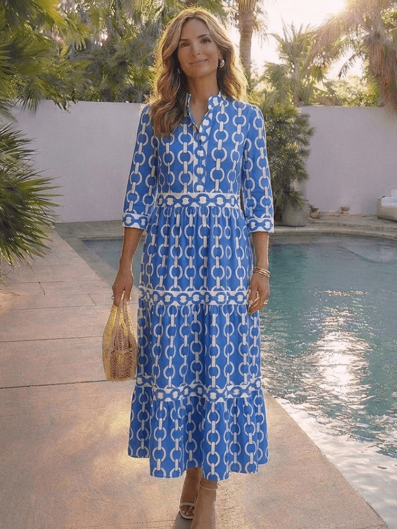 Ysolde | Three Quarter Sleeve Chain Pattern Midi Dress - Harry & Olivia Birmingham