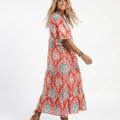 Zaria | Paisley Print V Neck Short Sleeve Midi Dress - Harry & Olivia Birmingham