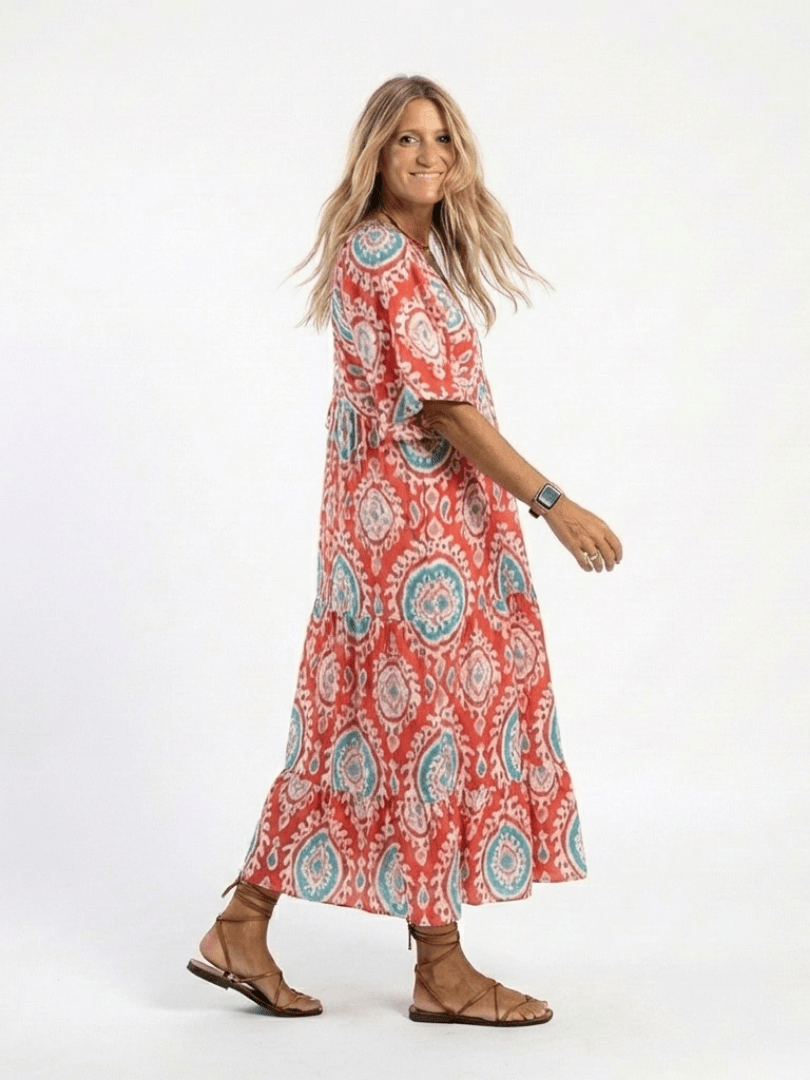 Zaria | Paisley Print V Neck Short Sleeve Midi Dress - Harry & Olivia Birmingham