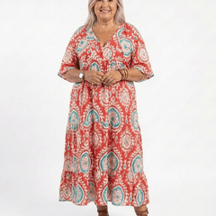 Zaria | Paisley Print V Neck Short Sleeve Midi Dress - Harry & Olivia Birmingham