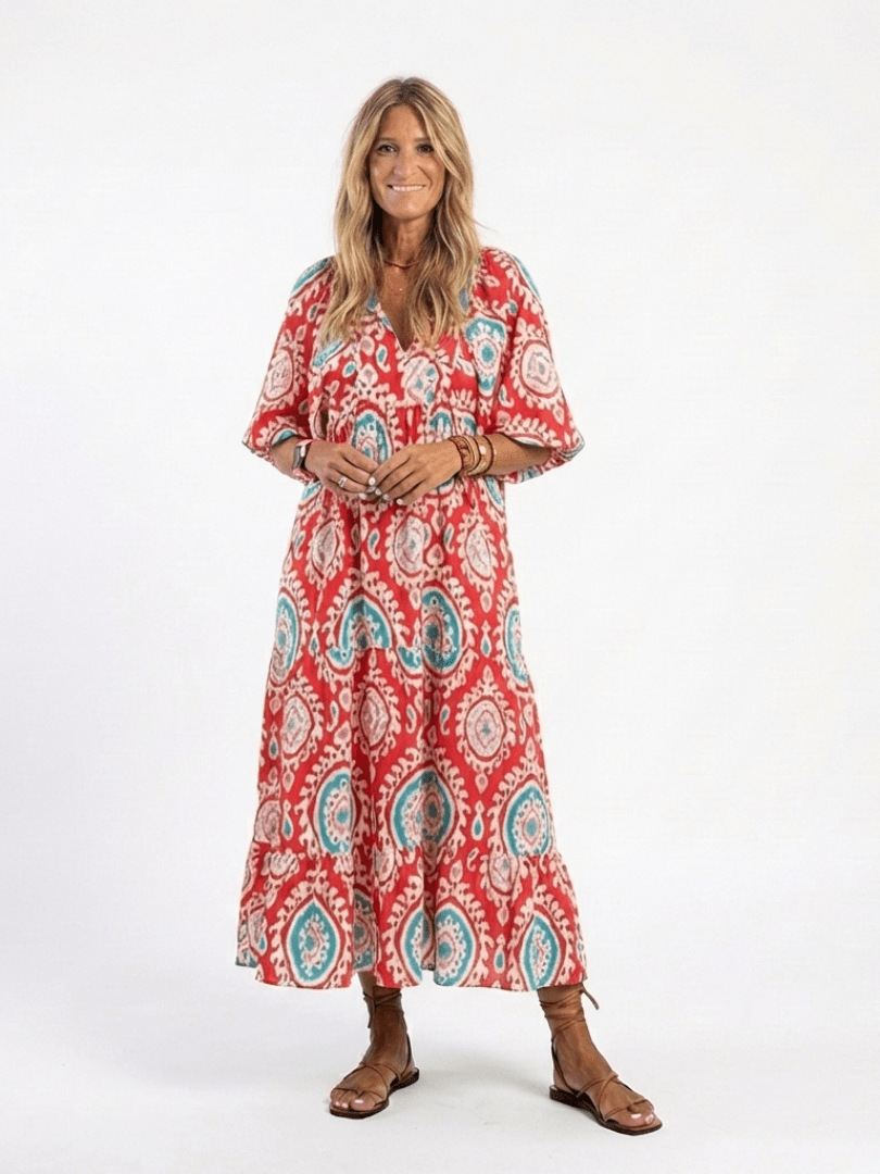 Zaria | Paisley Print V Neck Short Sleeve Midi Dress - Harry & Olivia Birmingham